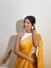 Yellow Cotton Hand-Block Print Saree with Floral White Accents