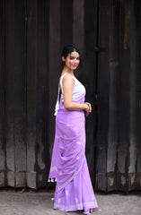 Elegant Lavender Mulmul Cotton Saree with Hand-Block Floral Prints & White Sleeveless Blouse