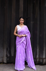 Elegant Lavender Mulmul Cotton Saree with Hand-Block Floral Prints & White Sleeveless Blouse
