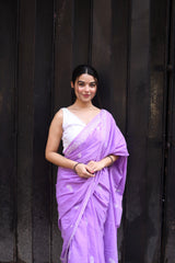 Elegant Lavender Mulmul Cotton Saree with Hand-Block Floral Prints & White Sleeveless Blouse