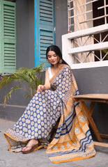 Hand-Block Printed Indigo & Ochre Cotton Saree with Elegant White Sleeveless Blouse Set