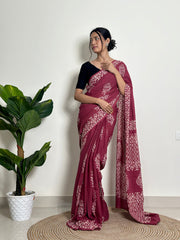 Handcrafted Maroon & White Batik Saree - Soft Cotton - Includes Black Blouse Piece
