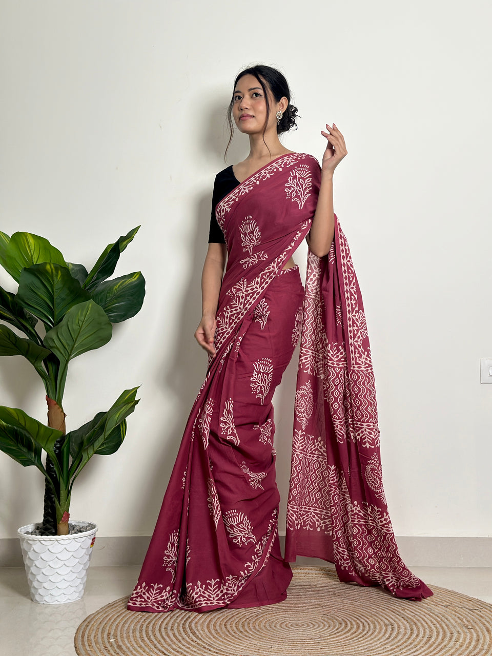 Handcrafted Maroon & White Batik Saree - Soft Cotton - Includes Black Blouse Piece