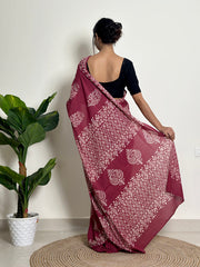 Handcrafted Maroon & White Batik Saree - Soft Cotton - Includes Black Blouse Piece