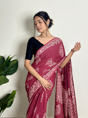 Handcrafted Maroon & White Batik Saree - Soft Cotton - Includes Black Blouse Piece