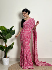Rose Pink Mulmul Cotton Saree | Traditional Sanganeri Print with Minimalist Black Blouse