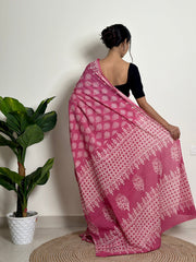 Rose Pink Mulmul Cotton Saree | Traditional Sanganeri Print with Minimalist Black Blouse