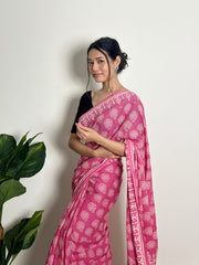 Rose Pink Mulmul Cotton Saree | Traditional Sanganeri Print with Minimalist Black Blouse