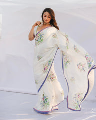 Pearl White Floral Organza Saree with Hand-Painted Pastel Blooms and Dual-Tone Border