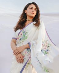 Pearl White Floral Organza Saree with Hand-Painted Pastel Blooms and Dual-Tone Border