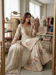 Cream Silk Sharara Suit – Peplum Style Kurta with Reindeer Embroidery and Sequin Border Dupatta