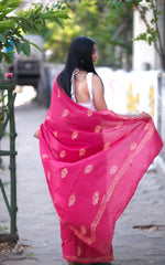 Rani Pink Party-Wear Saree – Elegant Ethnic Drape with Traditional Gold Booti Work