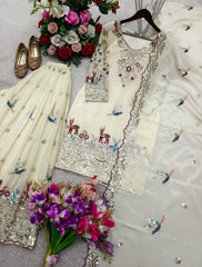 Cream Silk Sharara Suit – Peplum Style Kurta with Reindeer Embroidery and Sequin Border Dupatta