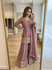 Designer Dusty Pink Embroidered Sharara Set with Matching Dupatta