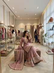Designer Dusty Pink Embroidered Sharara Set with Matching Dupatta