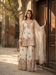 Cream Silk Sharara Suit – Peplum Style Kurta with Reindeer Embroidery and Sequin Border Dupatta