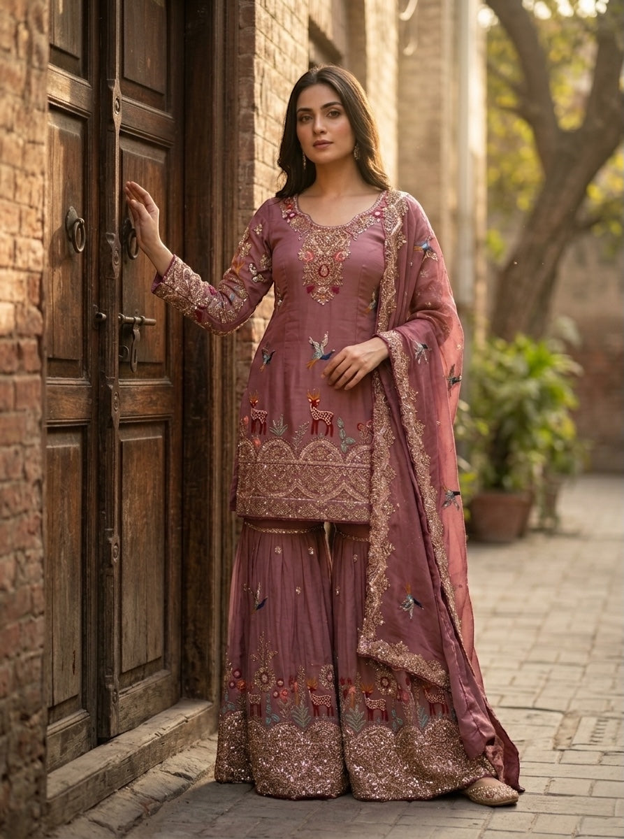 Designer Dusty Pink Embroidered Sharara Set with Matching Dupatta