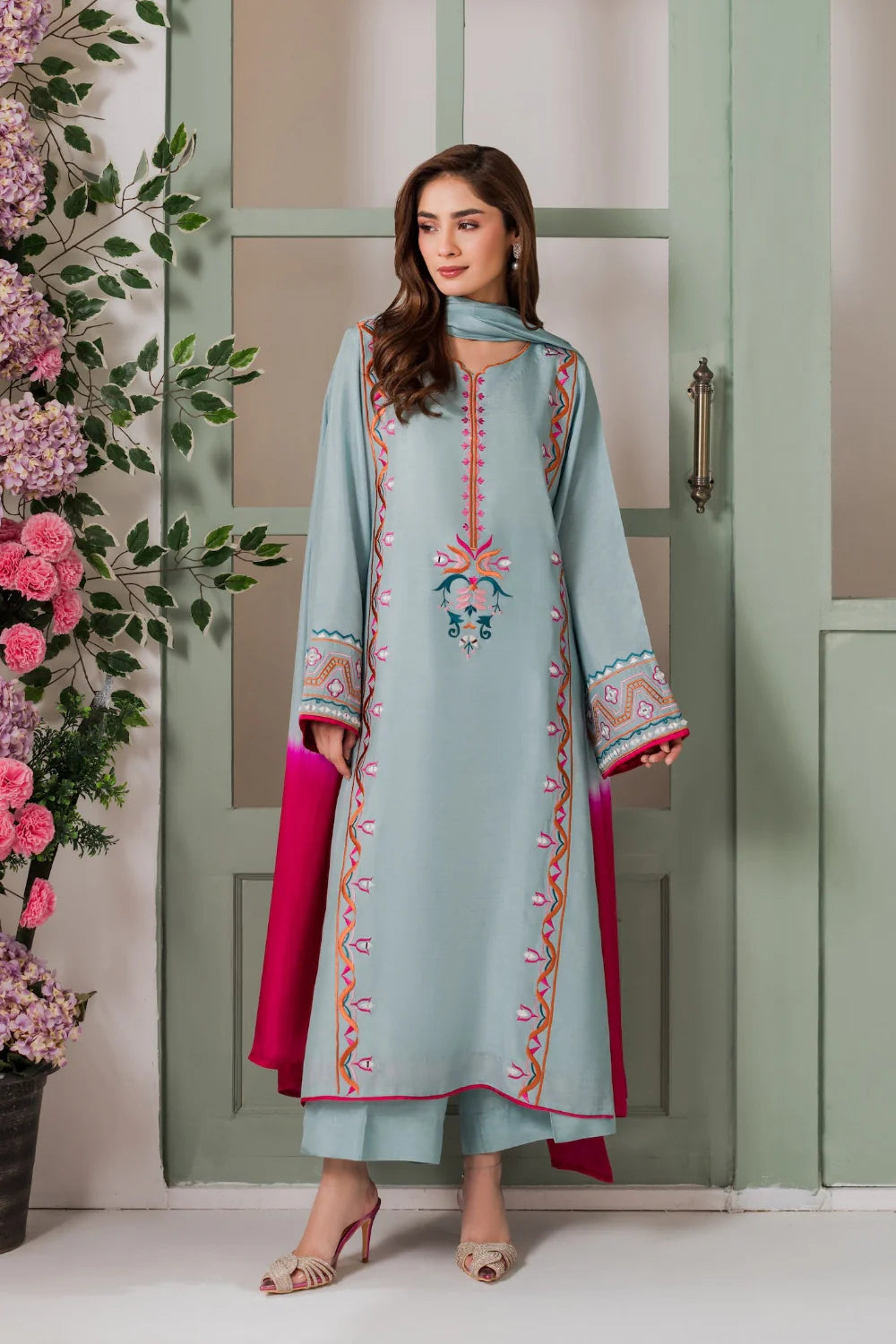 Pastel Blue Embroidered Salwar Suit with Contrast Rani Pink Dupatta