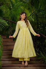 Elegant Lemon Yellow Embroidered Anarkali Kurta Set with Dupatta