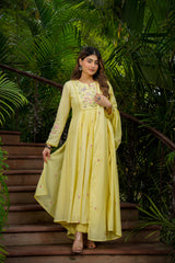 Elegant Lemon Yellow Embroidered Anarkali Kurta Set with Dupatta