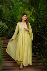 Elegant Lemon Yellow Embroidered Anarkali Kurta Set with Dupatta