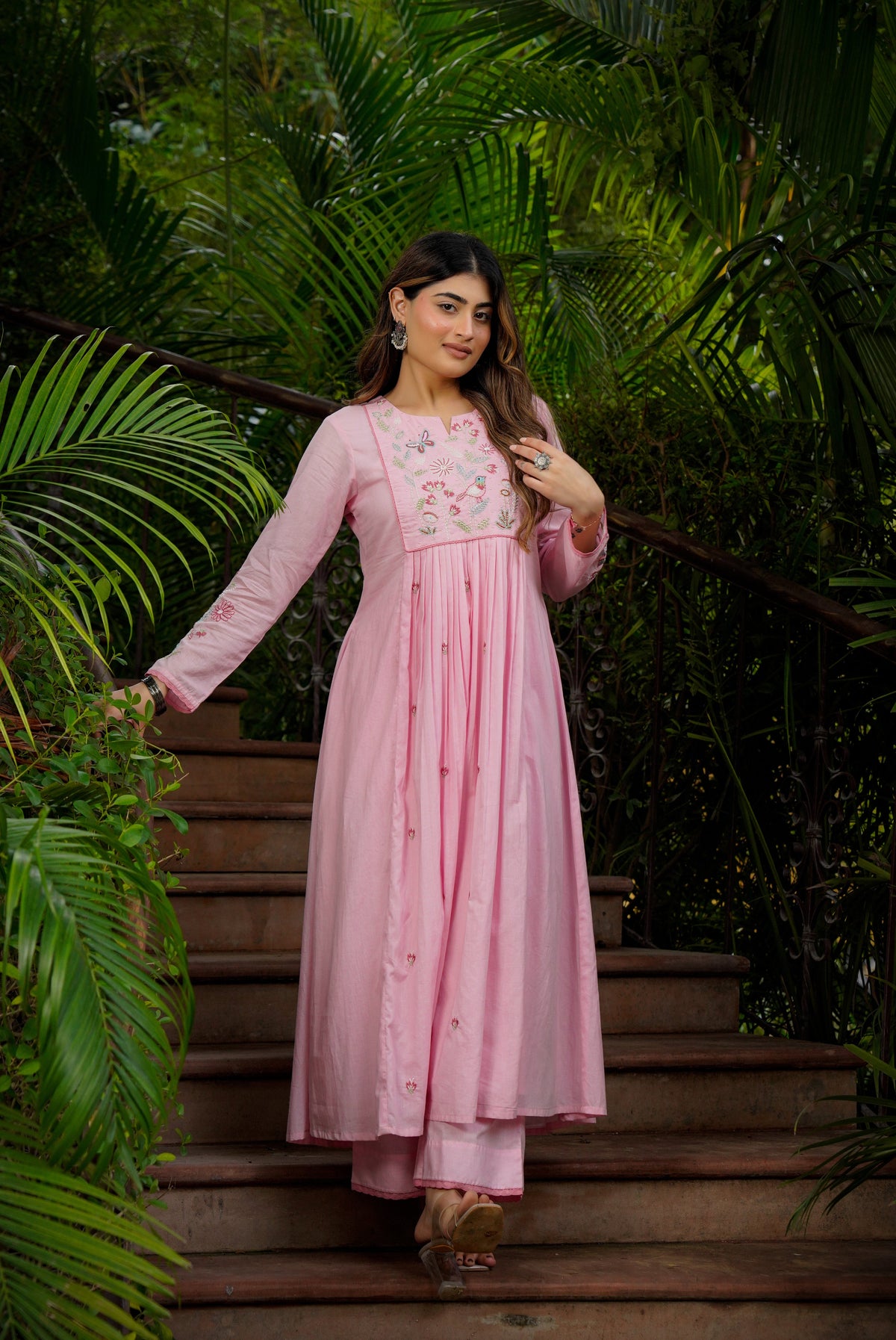 Designer Baby Pink Floral Embroidery Nayra Cut Salwar Suit Set