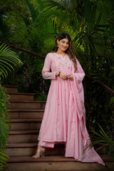 Designer Baby Pink Floral Embroidery Nayra Cut Salwar Suit Set