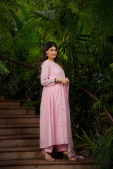 Designer Baby Pink Floral Embroidery Nayra Cut Salwar Suit Set