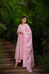 Designer Baby Pink Floral Embroidery Nayra Cut Salwar Suit Set
