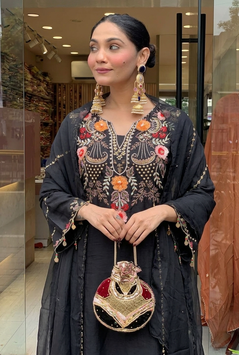 Premium Black Heavy Embroidery Kurta Palazzo Set with Dupatta