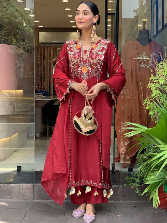 Maroon Silk Straight Kurta Set with Heavy Neck Embroidery & Dupatta