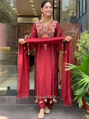 Maroon Silk Straight Kurta Set with Heavy Neck Embroidery & Dupatta