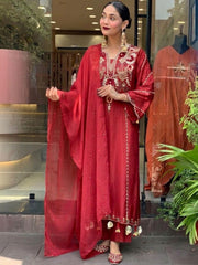 Maroon Silk Straight Kurta Set with Heavy Neck Embroidery & Dupatta