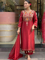 Maroon Silk Straight Kurta Set with Heavy Neck Embroidery & Dupatta