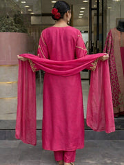 Elegant Rani Pink Silk Kurta Set with Heavy Embroidery & Latkan Dupatta