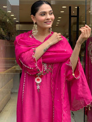 Elegant Rani Pink Silk Kurta Set with Heavy Embroidery & Latkan Dupatta