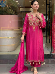 Elegant Rani Pink Silk Kurta Set with Heavy Embroidery & Latkan Dupatta