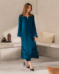 Teal Blue Embroidered Co-Ord Set with Cut-Work Border