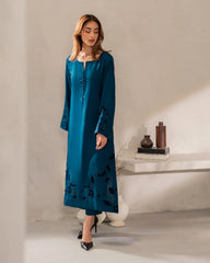Teal Blue Embroidered Co-Ord Set with Cut-Work Border