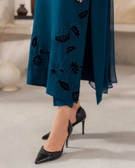 Teal Blue Embroidered Co-Ord Set with Cut-Work Border