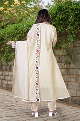 Elegant Off-White Flared Anarkali Kurta Set with Embroidered Dupatta & Pants