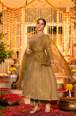 Olive Green Embroidered Anarkali Kurta with Pants & Dupatta Set