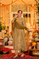 Olive Green Embroidered Anarkali Kurta with Pants & Dupatta Set