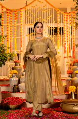 Olive Green Embroidered Anarkali Kurta with Pants & Dupatta Set