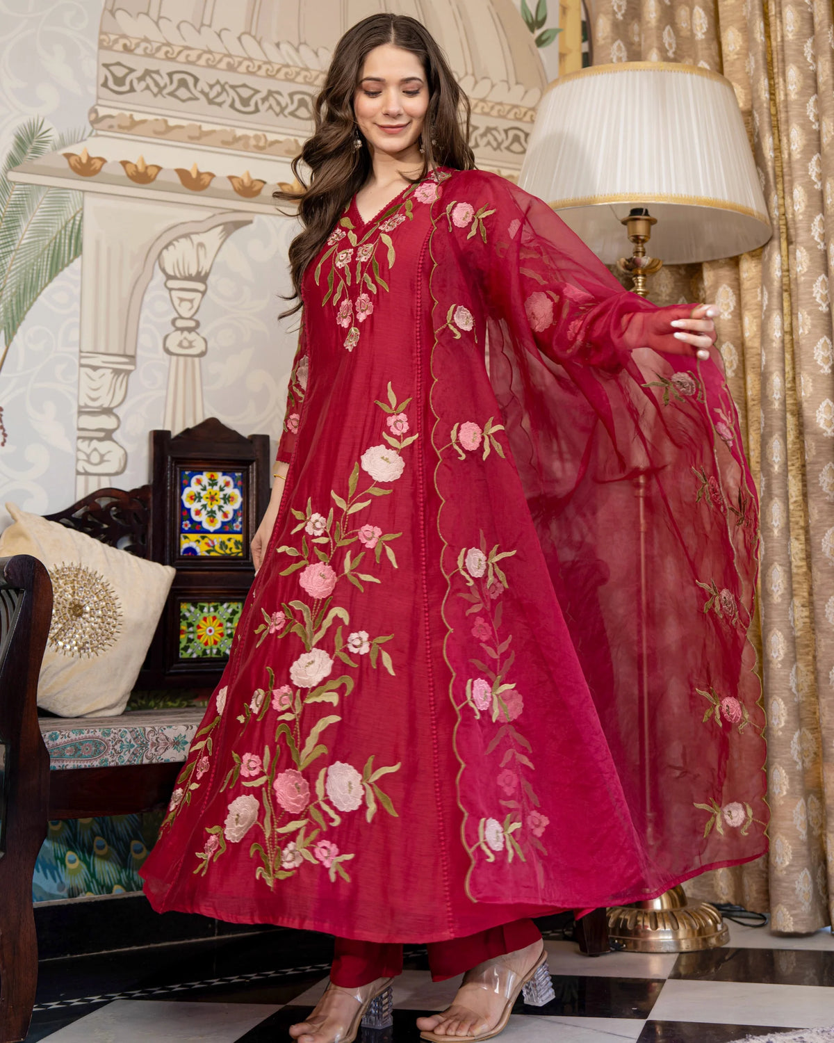 Elegant Maroon Anarkali Suit Set with Beautiful Floral Embroidery & Scalloped Dupatta