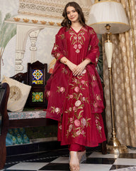Elegant Maroon Anarkali Suit Set with Beautiful Floral Embroidery & Scalloped Dupatta