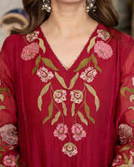 Elegant Maroon Anarkali Suit Set with Beautiful Floral Embroidery & Scalloped Dupatta