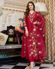 Elegant Maroon Anarkali Suit Set with Beautiful Floral Embroidery & Scalloped Dupatta