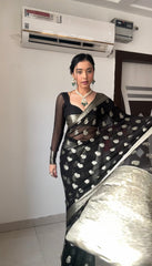 Midnight Noir Banarasi Organza Saree with Silver Zari Butta & Sheer Full-Sleeve Blouse Set