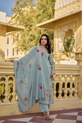 Pastel Blue Organza Kurta Pant Set with Zardozi & Floral Embroidery